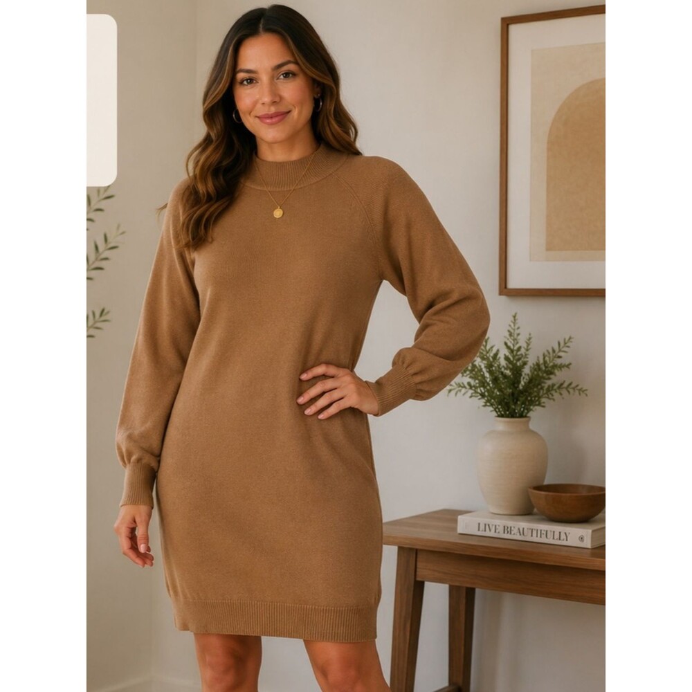 Exlura Tan Long Sleeve Knit Dress Size Small Mock Neck